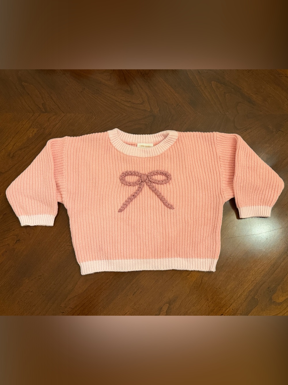 Custom Pink Toddler Knit Sweater with Embroidered Bow Detail OOAK